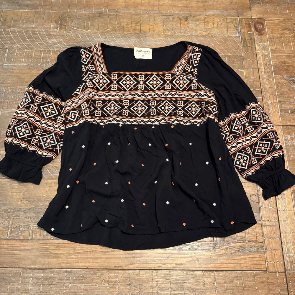 Savanna Jane Womens 2X Black Embroidered Peasant Top Boho Square Neck Rayon - Picture 3 of 11